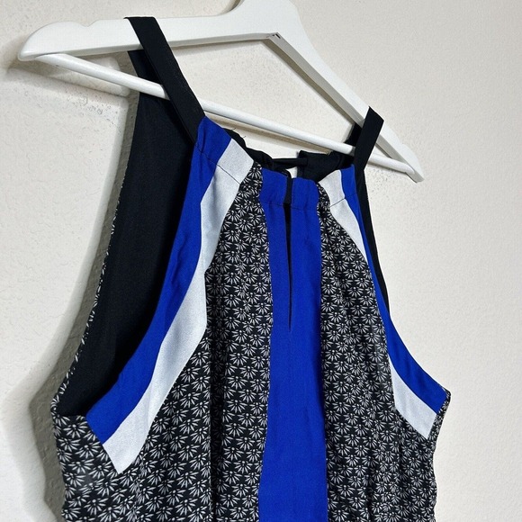 ICE Black Blue and White Elastic Waist Tie Back Handkercheif Hem Dress 12 - Picture 2 of 11